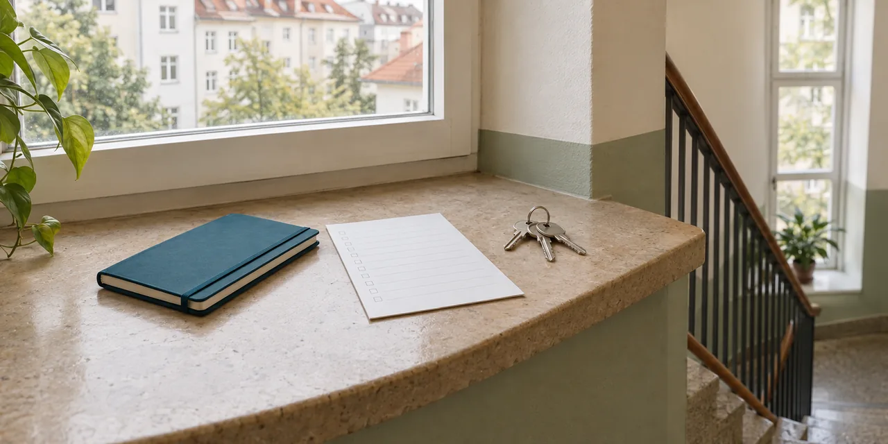 Neutrale Unterlagen und Schlüssel auf einer Fensterbank im Treppenhaus (KI-Visualisierung)
