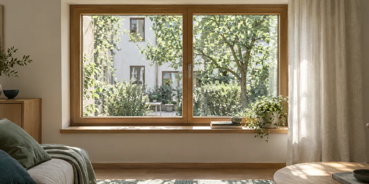 Großes Holzfenster mit Blick auf einen ruhigen Garten (KI-Visualisierung)
