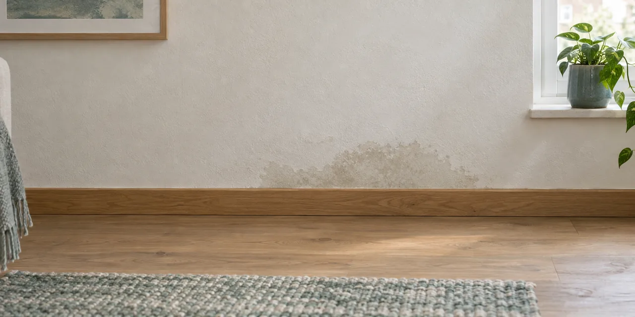 Begrenzte feuchte Stelle an einer Wand nahe dem Fußboden (KI-Visualisierung)