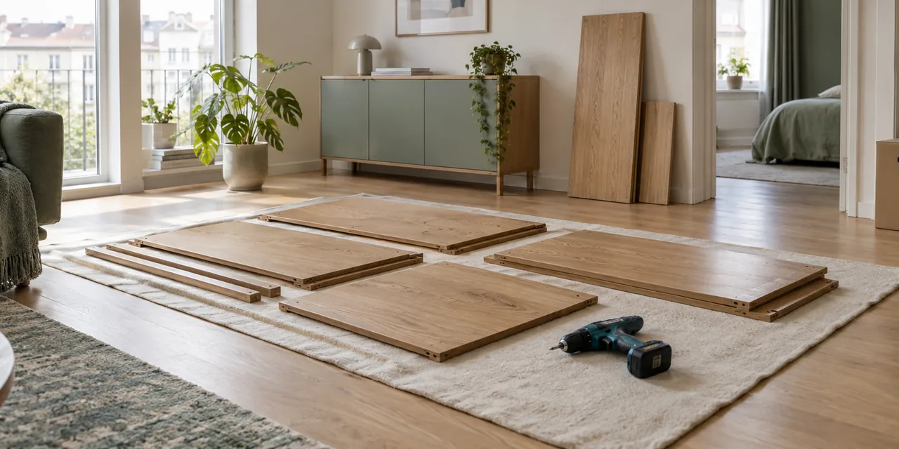 Holzbauteile und Montagewerkzeug auf einer geschützten Arbeitsfläche (KI-Visualisierung)
