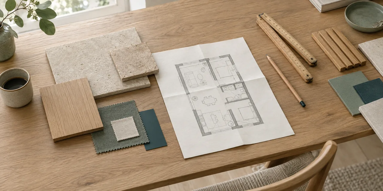 Materialmuster, Maßstab und Raumskizze auf einem Arbeitstisch (KI-Visualisierung)