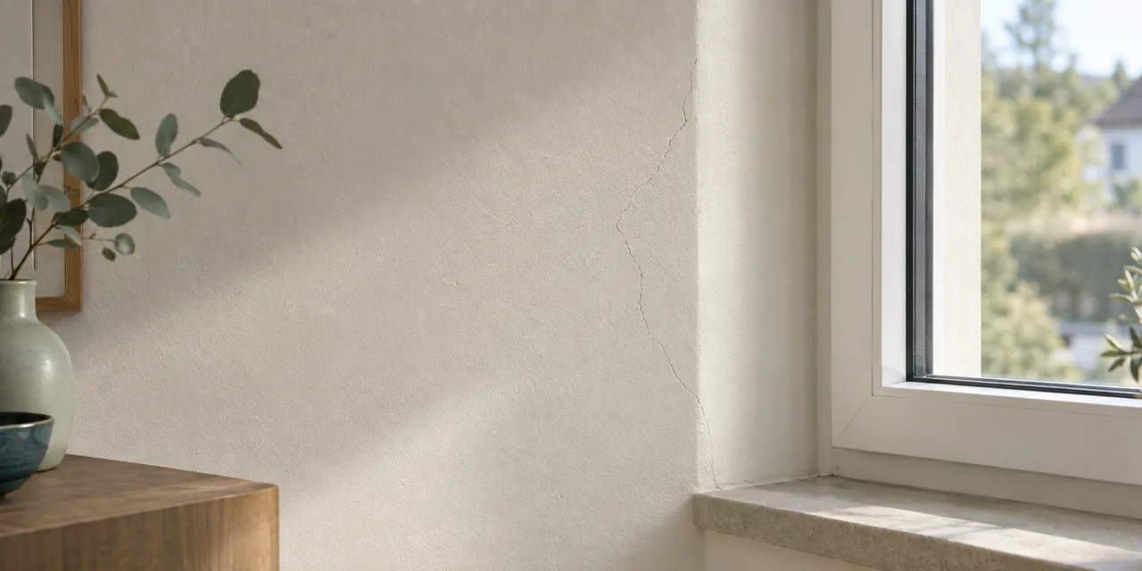 Feiner Riss im Wandputz neben einem Fenster (KI-Visualisierung)
